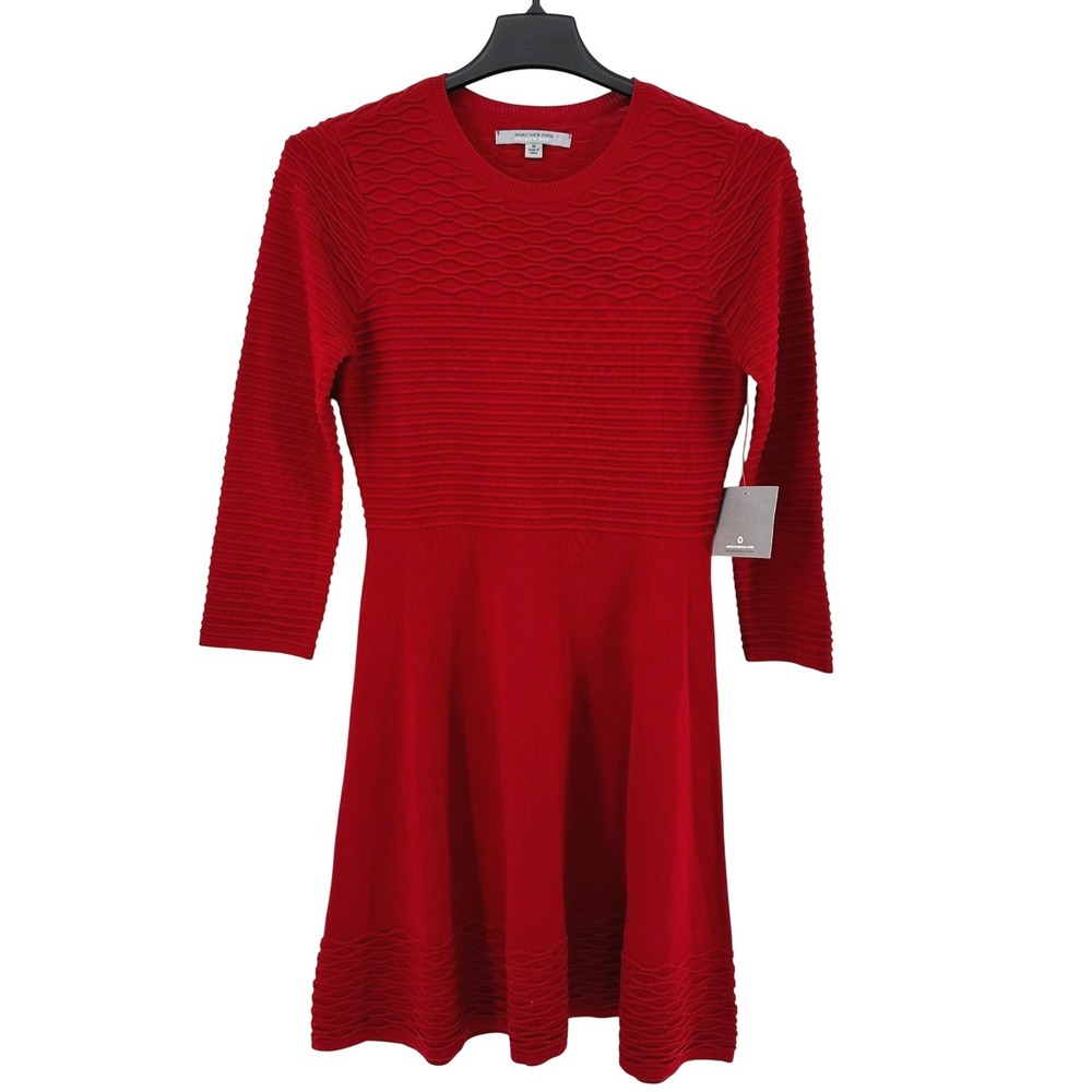 Marc New York Andrew Marc Dress Women Medium Red Textured Fit Flare Long Sleeve